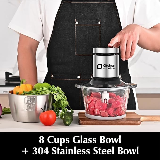 Kitchen in the box Food Processors,Small Meat Grinder & Food Chopper Electric Vegetable Chopper with 2 Bowls (8 Cup+8 Cup)& 2 Bi-Level Blades for Meat/fish/Vegetable/Baby Food，400 W (Black)