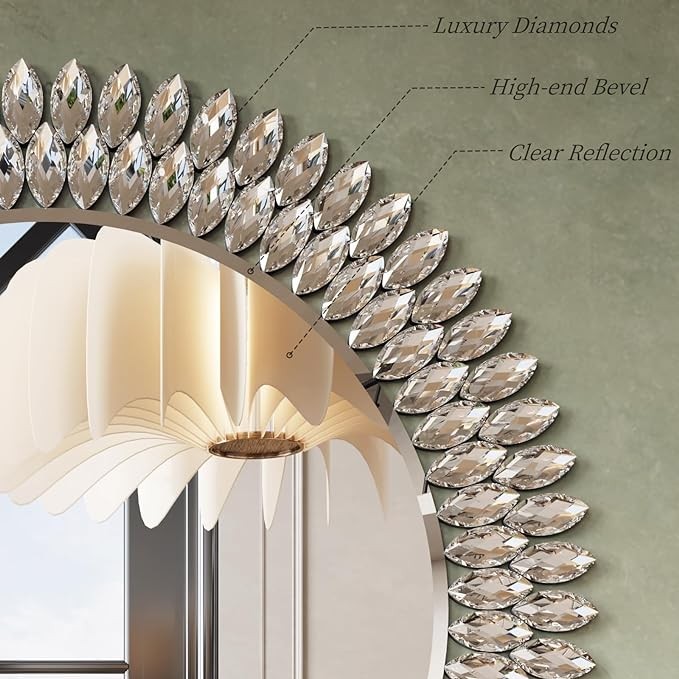 Kelly Miller Round Jeweled Decorative Mirror for Wall, 26 Inch Modern Bathroom Wall Mirror Luxury Vanity Mirror Diamond Mirror for Restroom Half Bath Living Room Bedroom Fireplace Mantle Hallway