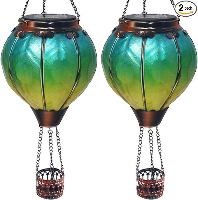 OUISJYER 2PC Hot Air Balloon Solar Lantern, Flickering Flame Hanging Solar Lanterns Outdoor Lights Waterproof Lanterns Decorative Garden Patio Yard Party Decor with 2PC Shepherd Hook Green