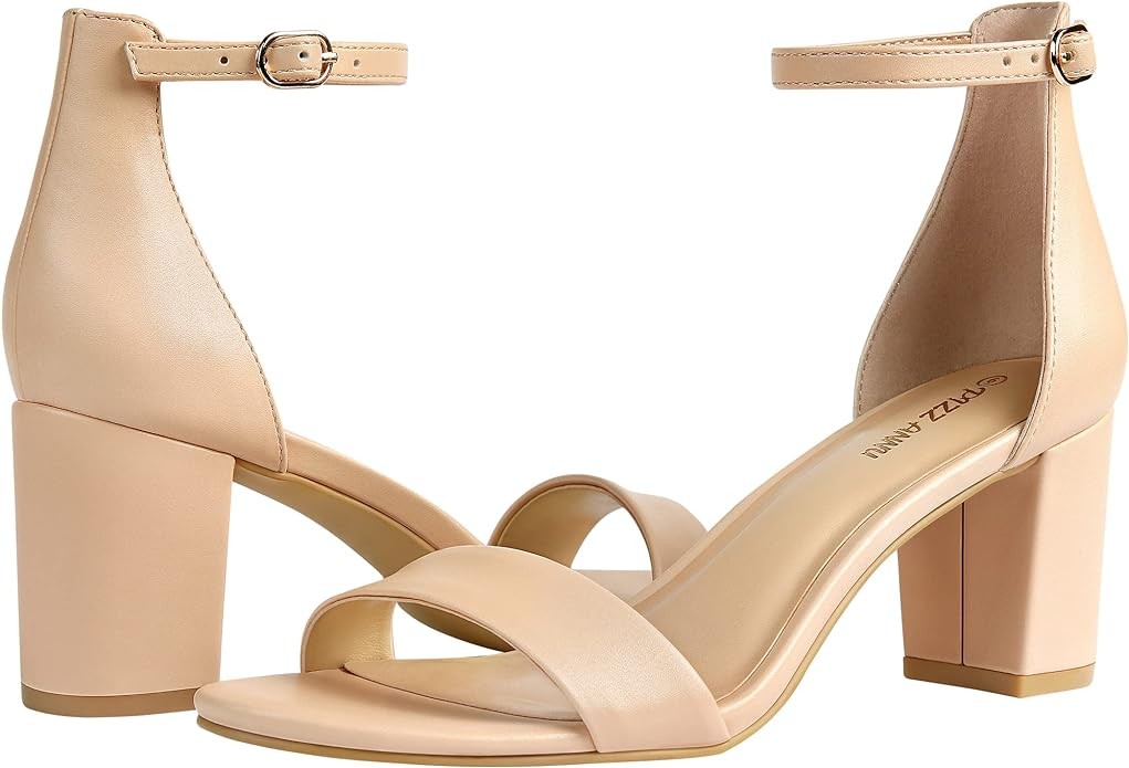 PIZZ ANNU Women's Open Toe Ankle Strap Low Block Chunky Heels Sandals Party Dress Pumps Shoes Strappy Buckle Sandals with 2.6" Tall Thick Heel Design