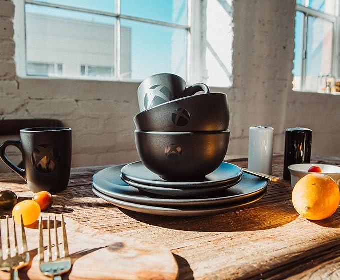 Xbox Matte Black 8-Piece Ceramic Dinnerware Set | Includes Salad Plates, Soup Bowls, Mugs