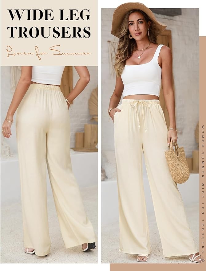 Jyanl Womens Linen Pants Casual Wide Leg Pants Summer Palazzo Pants Loose Flowy Beach Pants Drawstring Elastic Trousers