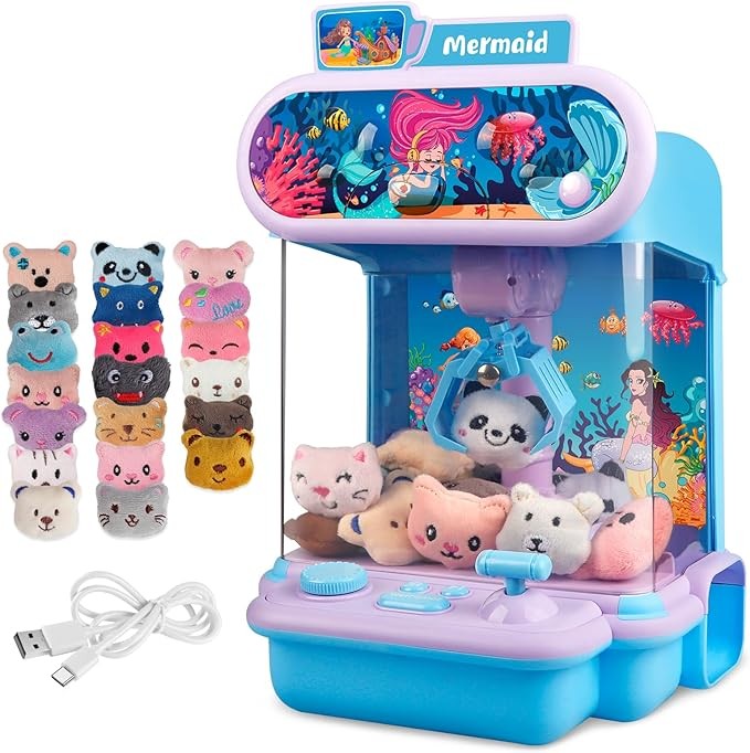 TingingYuli Mermaid Claw Machine for Kids,Mini Vending Machines Candy Grabber Prize Dispenser Toys for Girls Boys, Electronic Arcade Game with 20 Mini Plush Toys for Party Easter Birthday Gifts