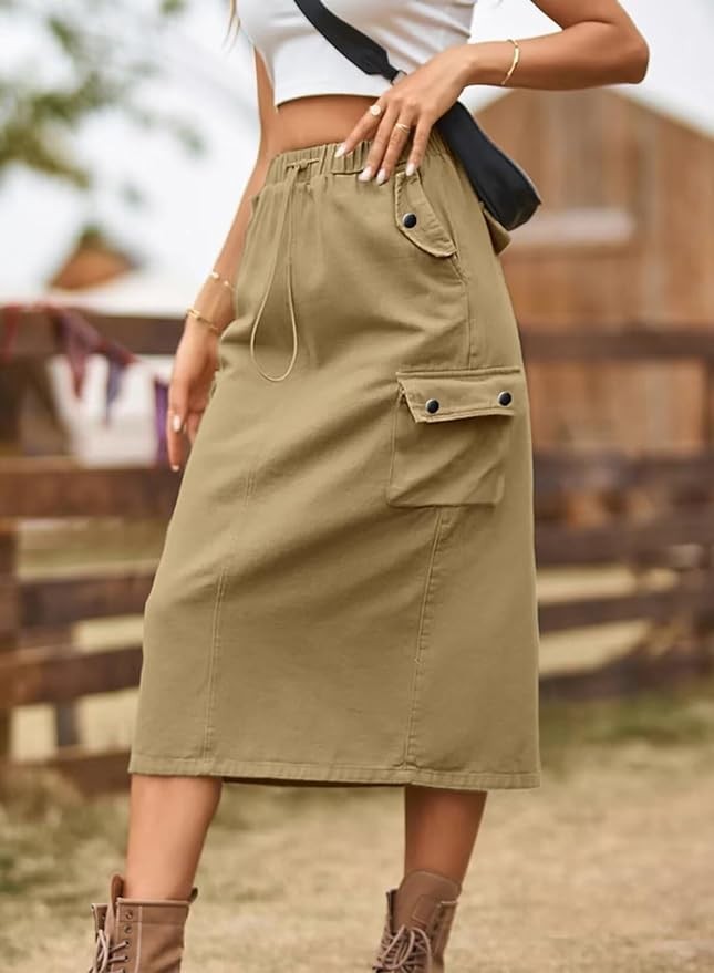 Dokotoo Women's Drawstring Waist Flap Pocket Cargo Skirt Back Slit Midi Skirt