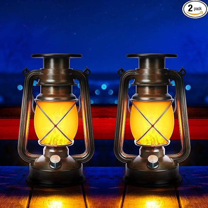 Toodour 2 Pack Hanging Solar Lantern Outdoor - Solar Vintage Lantern with Flickering Flame, 2 Modes Waterproof Solar Hanging Lights for Camping, Patio, Deck, Yard, Path