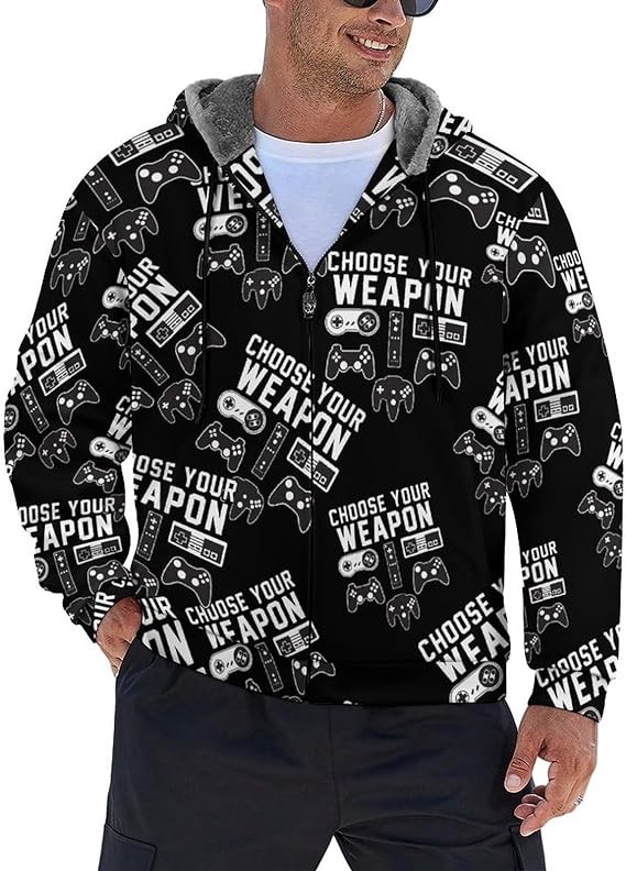Choose Your Weapon Gamer Gaming Men's Zippered Hoodies Heavyweight Hooded Sweatshirt Jacket Thick Warm Coat