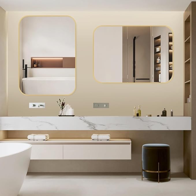 TITAMEG 24x36 Inch Bathroom Mirror for Wall,Gold Framed Rectangle Mirror with Rounded Corner,Aluminum Alloy Framed Brushed Wall Mirror for Bedroom or Living Room,Vertical or Horizontal