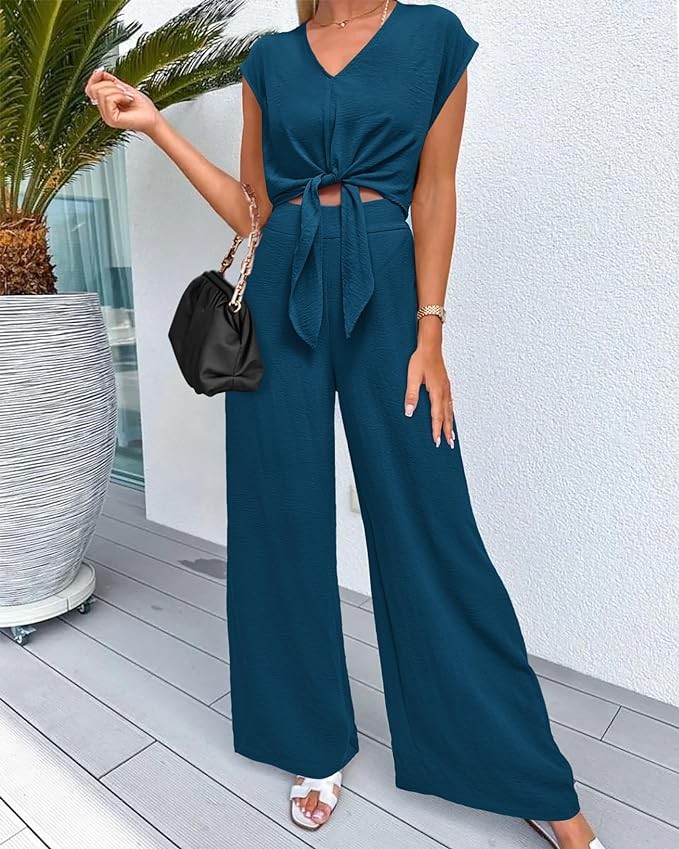 PRETTYGARDEN Women's Summer 2 Piece Outfits 2024 Cap Sleeve V Neck Belted Crop Tops Wide Leg Pant Sets Casual Tracksuit
