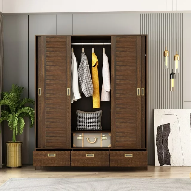 Wardrobe with Sliding Door, Bedroom Armoires Closet Cabinet with Drawers and Hanging Rod