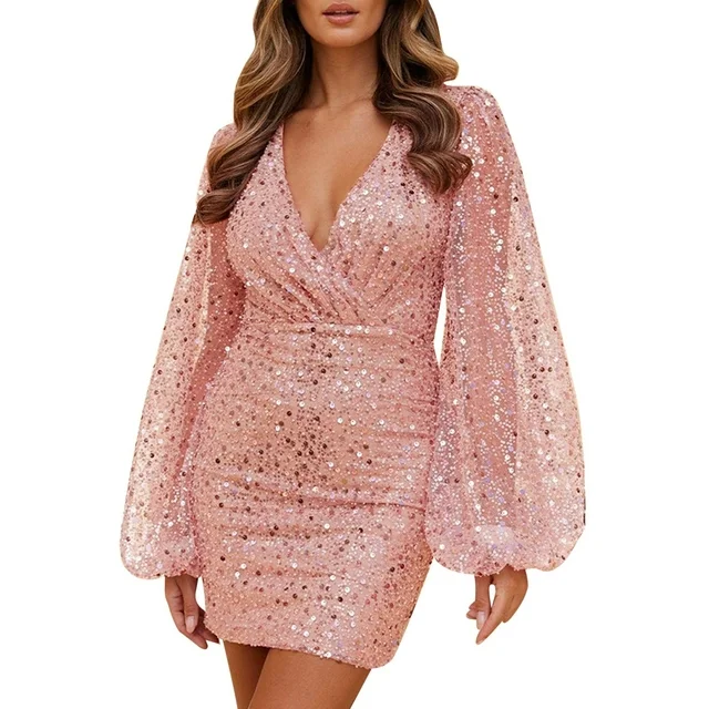 New Years Eve Dresses For Women Deep V Neck Sequin Sleeve Waist Slim Mini Swing Solid Party Dress
