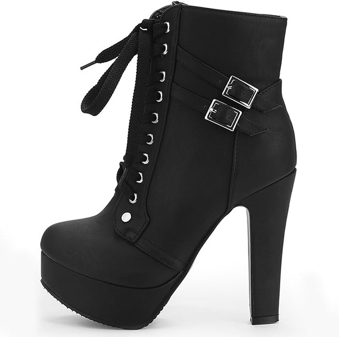 Susanny High Heel Boots for Women,Womens Platform Boot Heels Sexy Round Toe Lace UP High Heels Mid Calf Boots