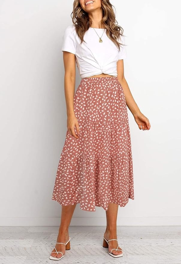 MEROKEETY Women's Boho Leopard Print Skirt Pleated A-Line Swing Midi Skirts
