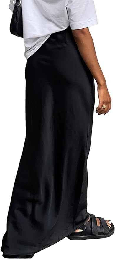 Vrtige Women's Elegant Satin Silky High Waist Zipper Flowy A Line Maxi Long Skirt